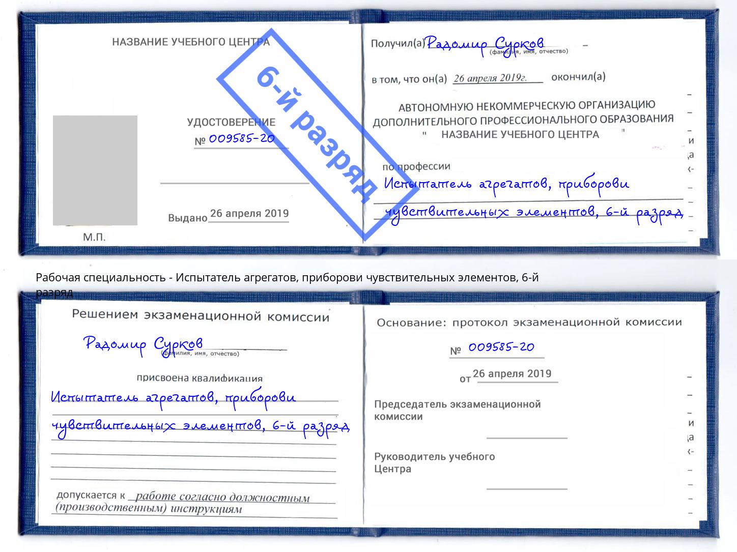 корочка 6-й разряд Испытатель агрегатов, приборови чувствительных элементов Горно-Алтайск