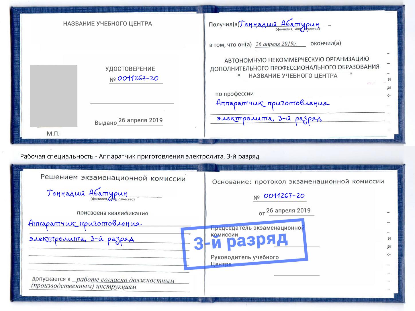 корочка 3-й разряд Аппаратчик приготовления электролита Горно-Алтайск