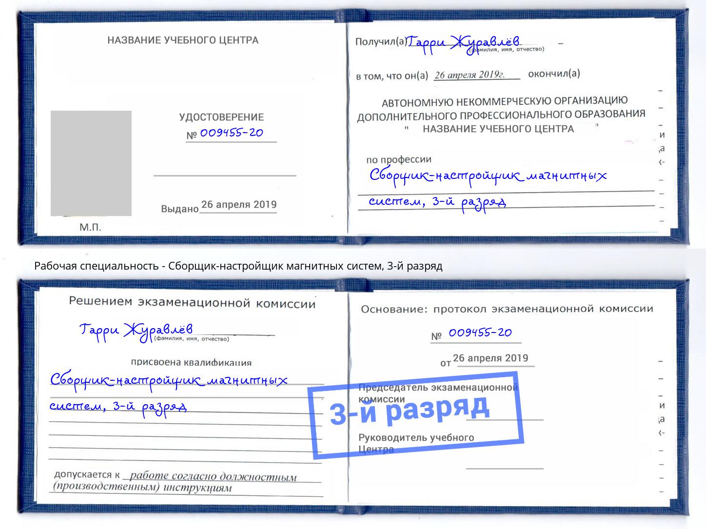корочка 3-й разряд Сборщик-настройщик магнитных систем Горно-Алтайск