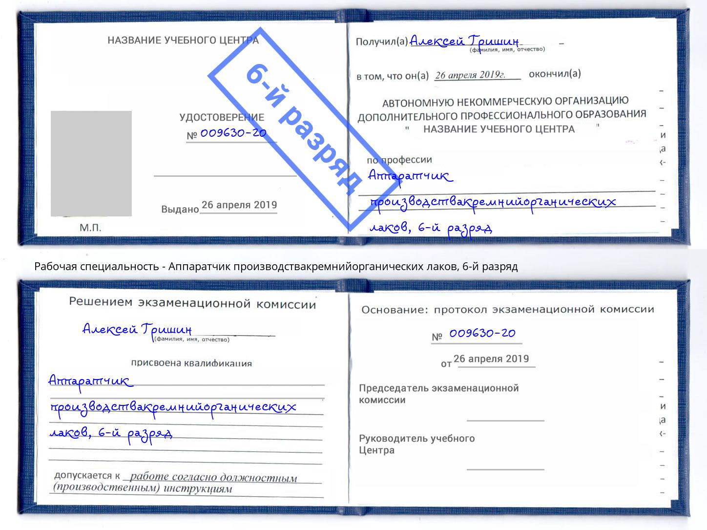 корочка 6-й разряд Аппаратчик производствакремнийорганических лаков Горно-Алтайск