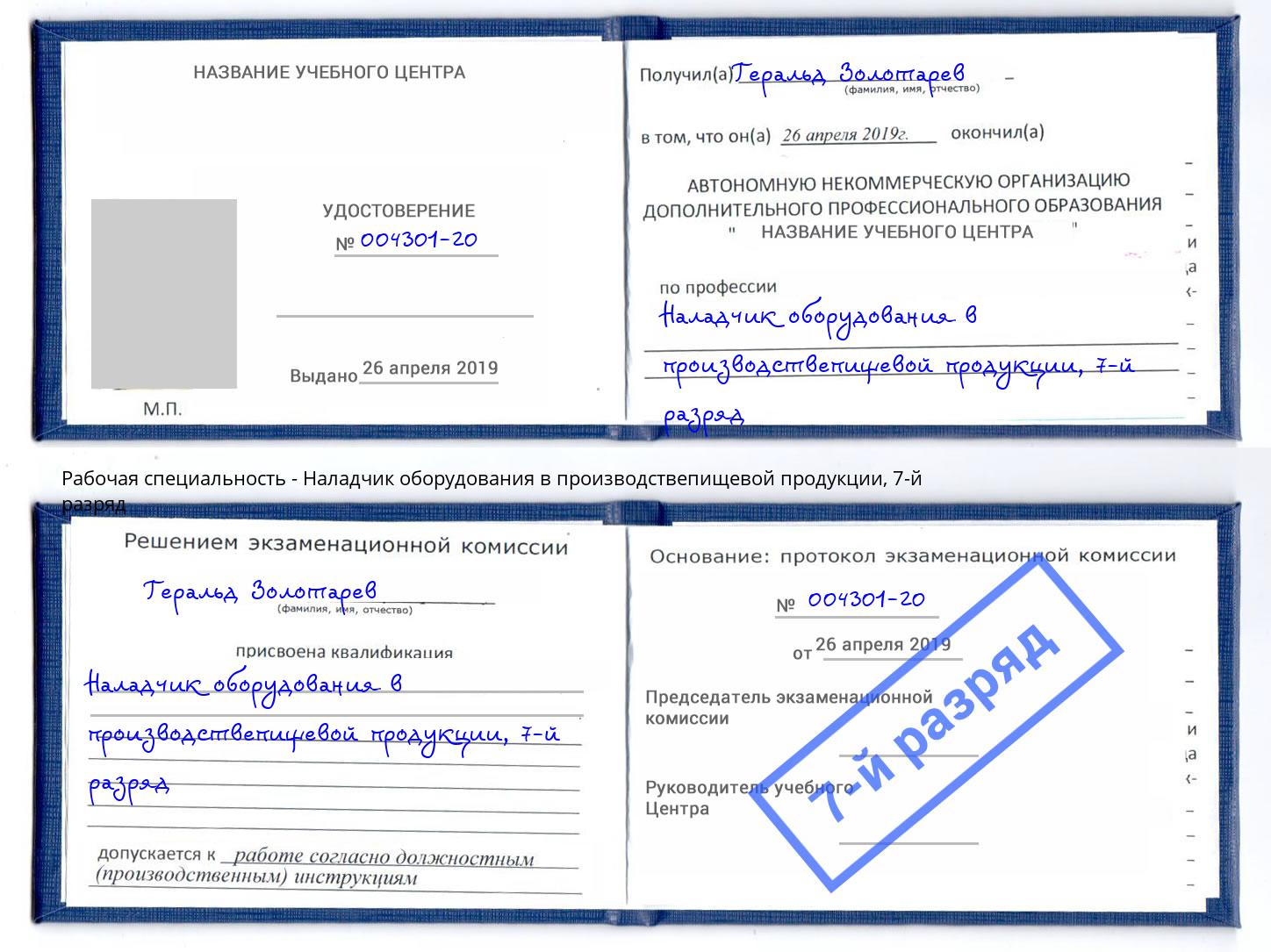 корочка 7-й разряд Наладчик оборудования в производствепищевой продукции Горно-Алтайск